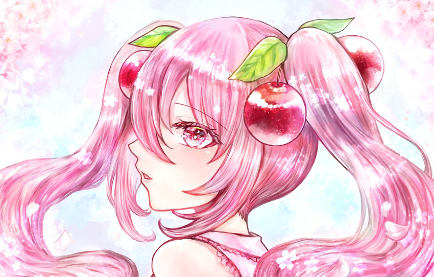 1girl cherry_hair_ornament close-up commentary_request food-themed_hair_ornament from_side hair_between_eyes hair_ornament hatsune_miku highres leaf_hair_ornament looking_at_viewer looking_to_the_side open_mouth pasumaro pink_background pink_eyes pink_hair pink_theme sakura_miku solo vocaloid