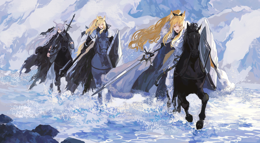 3girls absurdres animal_ears arknights arm_shield armor armored_boots bangs black_gloves blemishine_(arknights) blonde_hair boots cape cat_ears day dress fur-trimmed_cape fur_trim gauntlets gloves grey_hair highres holding holding_sword holding_weapon horse horseback_riding long_hair looking_at_viewer multiple_girls nearl_(arknights) plate_armor ponytail reins riding river saddle shield shining_(arknights) sidelocks splashing sword torn_cape torn_clothes torn_dress very_long_hair wading water weapon white_cape ye_(ran_chiiipye)