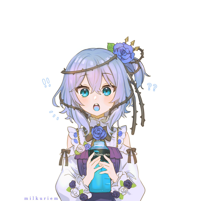 1girl ? ?? alternate_eye_color alternate_hair_color black_bow black_flower black_rose blue_eyes blue_flower blue_hair blue_rose blue_tongue blush bottle bow clothing_cutout colored_tongue dress flower hair_behind_ear hair_flower hair_ornament highres holding holding_bottle milkuriem nijisanji nijisanji_en open_mouth plant powerade purple_dress rose rosemi_lovelock short_sidetail shoulder_cutout solo thorns vines virtual_youtuber white_flower white_rose