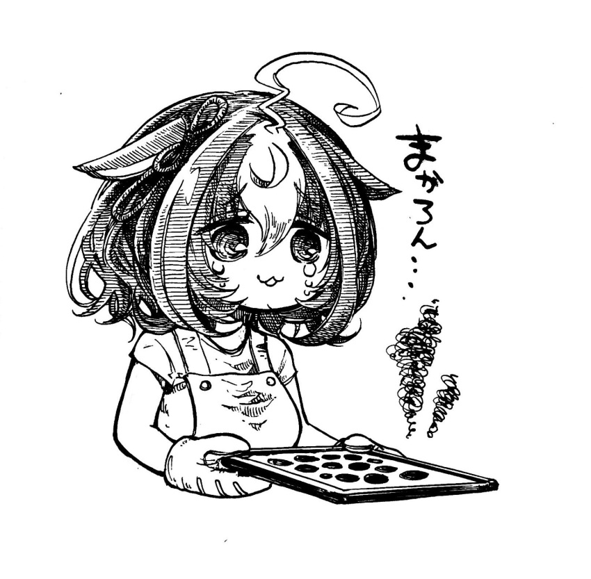 1girl :3 ahoge animal_ears apron bangs breasts burnt_food cropped_torso crying crying_with_eyes_open ears_down greyscale highres holding holding_tray horse_ears mame_nabe_donko medium_breasts meisho_doto_(umamusume) monochrome open_mouth oven_mitts raised_eyebrows shirt short_sleeves solo squiggle tears tray umamusume upper_body