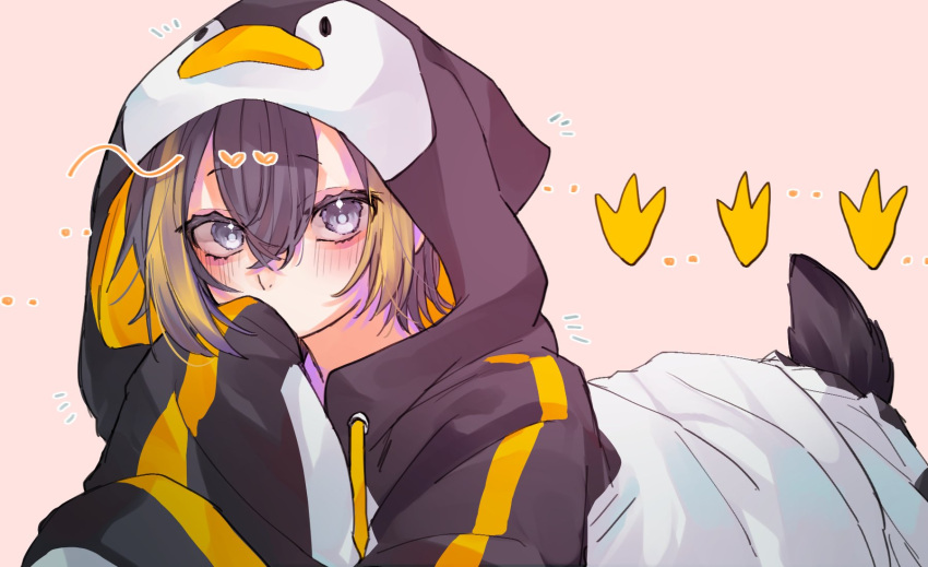 1girl black_hair black_hoodie blonde_hair blue_eyes blush drawstring heart highres hood hood_up hoodie looking_at_viewer lying multicolored_hair nijisanji nijisanji_en on_stomach penguin_tail petra_gurin pink_background sleeves_past_fingers sleeves_past_wrists smile solo streaked_hair tail to_musmsg two-tone_hoodie white_hoodie