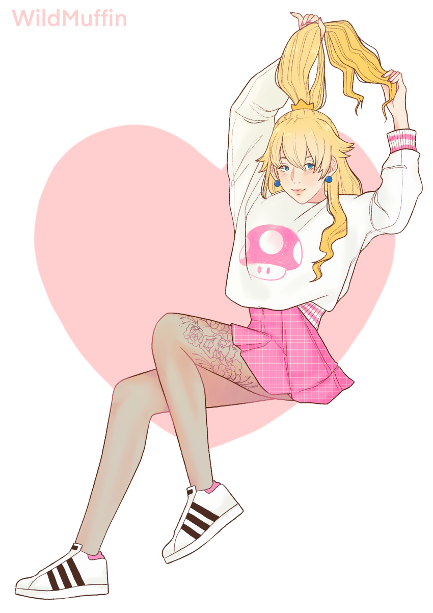 1girl absurdres blonde_hair blue_eyes highres looking_at_viewer pink_nails pink_skirt ponytail princess_peach shoes skirt sneakers solo super_mario_bros. white_background wildmuffin2000