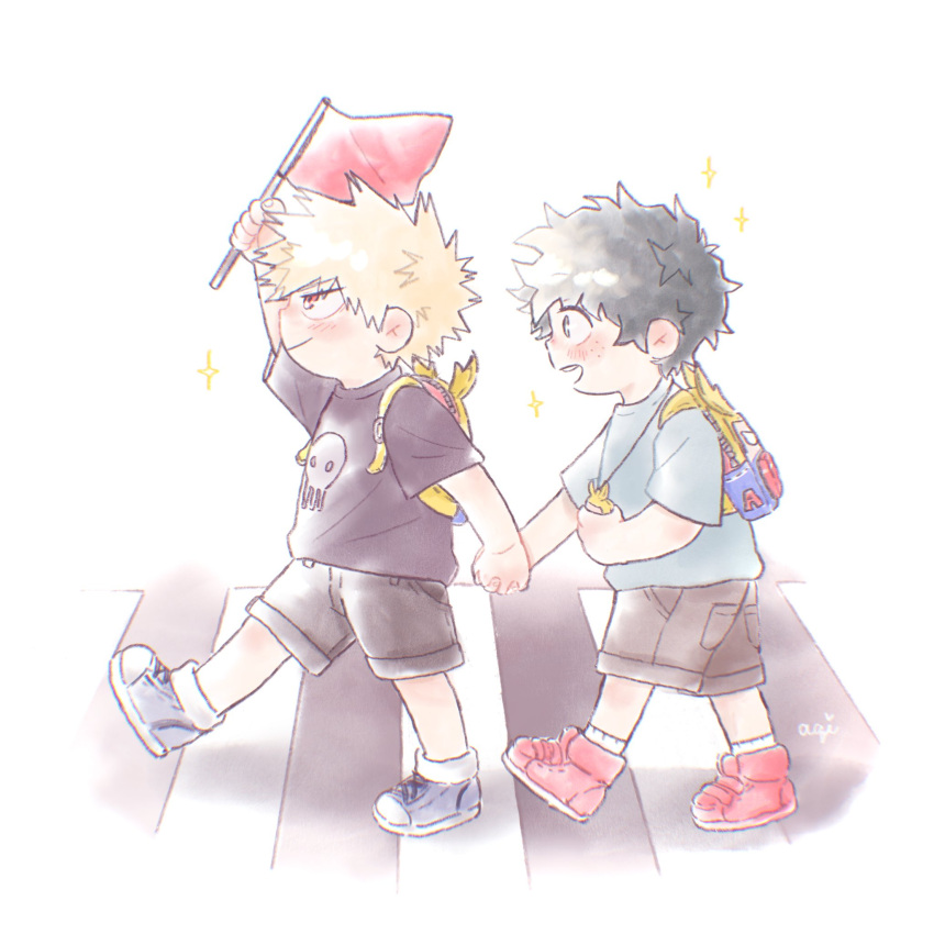 2boys aqistory backpack bag bakugou_katsuki black_shirt blonde_hair blue_footwear blue_shirt blush boku_no_hero_academia brown_shorts character_backpack child commentary_request flag freckles from_side full_body green_eyes green_hair highres holding holding_flag holding_hands looking_at_another male_child male_focus midoriya_izuku multiple_boys open_mouth print_shirt red_eyes red_footwear shirt shoes short_hair short_sleeves shorts simple_background skull_print smile sneakers sparkle spiky_hair standing walking white_background younger