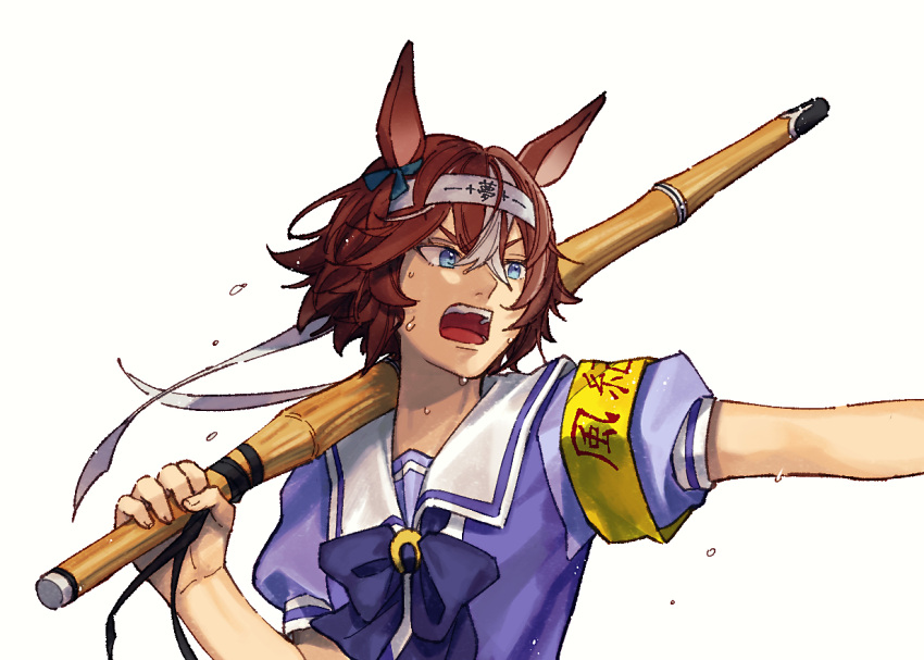 1girl animal_ears armband bamboo_memory_(umamusume) bangs blue_eyes bow bowtie brown_hair hair_between_eyes headband holding holding_sword holding_weapon horse_ears jugemu_(qqkyon) multicolored_hair open_mouth outstretched_arm puffy_short_sleeves puffy_sleeves purple_bow purple_bowtie purple_shirt sailor_collar school_uniform shinai shirt short_hair short_sleeves simple_background solo streaked_hair sweat sword tracen_school_uniform umamusume upper_body v-shaped_eyebrows weapon white_background