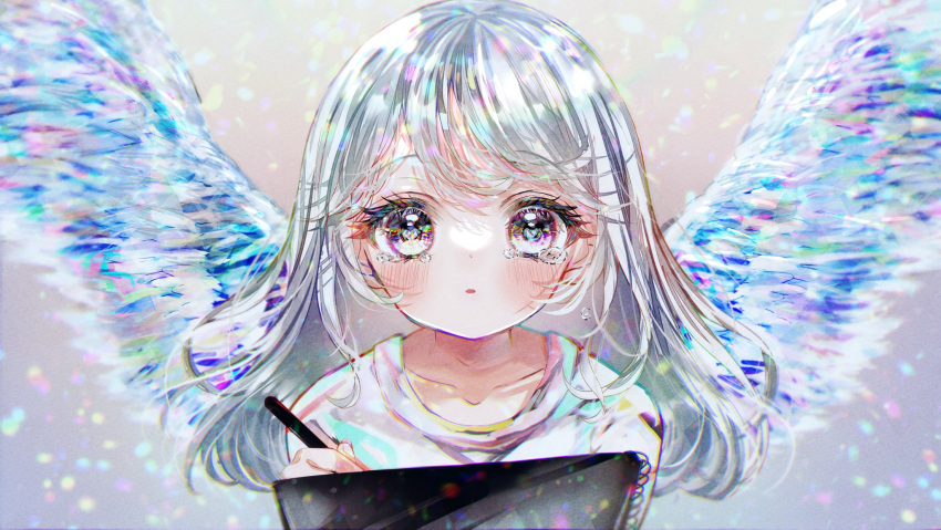 1girl bangs collarbone crying crying_with_eyes_open drawing_tablet highres holding holding_pen lens_flare long_hair looking_at_viewer original pa_ff pen shirt solo swept_bangs t-shirt tareme tears white_eyes white_hair white_shirt wings
