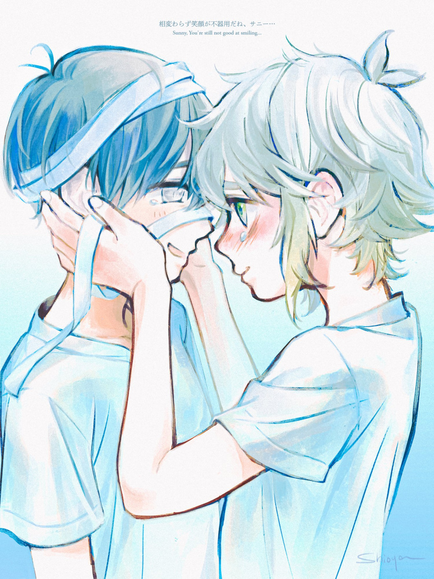 2boys bandage_over_one_eye basil_(omori) bilingual black_hair blonde_hair blush closed_mouth collarbone crying crying_with_eyes_open green_eyes grey_eyes highres holding_another's_head multiple_boys omori open_mouth shioya_(shioya_omo) shirt short_hair short_sleeves smile spoilers sunny_(omori) tears white_shirt