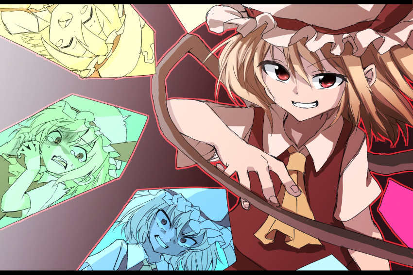 1girl ascot bangs brown_background collarbone collared_shirt crystal different_reflection flandre_scarlet gradient gradient_background grin hat hat_ribbon highres letterboxed looking_at_viewer mob_cap red_eyes red_ribbon reflection ribbon shinmon_akika shirt short_sleeves smile solo touhou upper_body white_headwear wings yellow_ascot