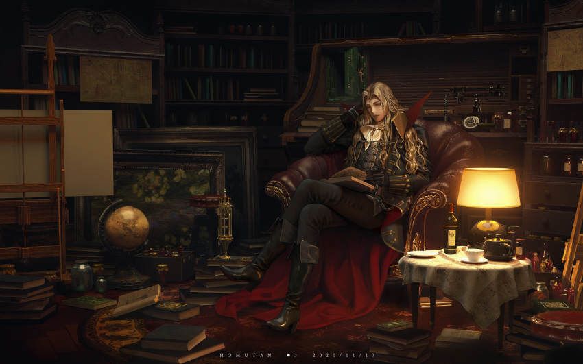 1boy alucard_(castlevania) armchair artist_name black_footwear black_gloves black_jacket black_pants blonde_hair book book_stack bookshelf boots bottle bow bowtie box cabinet canvas_(object) cape carpet castlevania chain chair chest_of_drawers closed_mouth corded_phone crossed_legs dark dated desk drawer easel globe gloves hand_on_own_head hand_up high_heel_boots high_heels highres homutan_(syjg2733) indoors jacket jar knee_boots lamp library long_hair looking_away male_focus open_book painting_(object) pants phone picture_frame reading red_cape solo stool table tablecloth two-sided_cape two-sided_fabric wavy_hair white_bow white_bowtie wide_shot