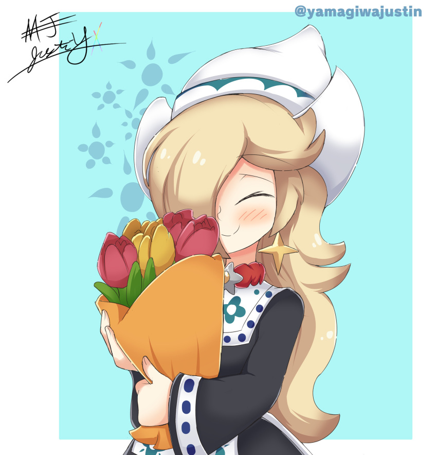 1girl absurdres bangs blonde_hair blush closed_eyes closed_mouth dutch_clothes earrings flower hair_over_one_eye highres holding holding_flower jewelry long_hair long_sleeves mario_kart mario_kart_tour official_alternate_costume rosalina signature smile solo star_(symbol) star_earrings super_mario_bros. twitter_username white_headwear yamagiwajustin