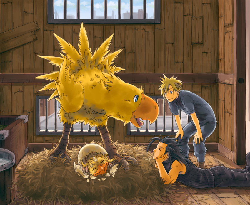 2boys bird black_hair black_pants black_shirt blonde_hair blue_eyes blue_pants blue_shirt boots chick chocobo closed_eyes cloud_strife feet_out_of_frame final_fantasy final_fantasy_vii full_body hair_between_eyes hair_slicked_back hatching head_on_hand indoors leaning_forward long_hair looking_at_another lying male_focus multiple_boys nest on_stomach pants scar scar_on_cheek scar_on_face shirt short_hair sideburns sleeveless sleeveless_turtleneck spiky_hair stable torimaru-douhu turtleneck window zack_fair