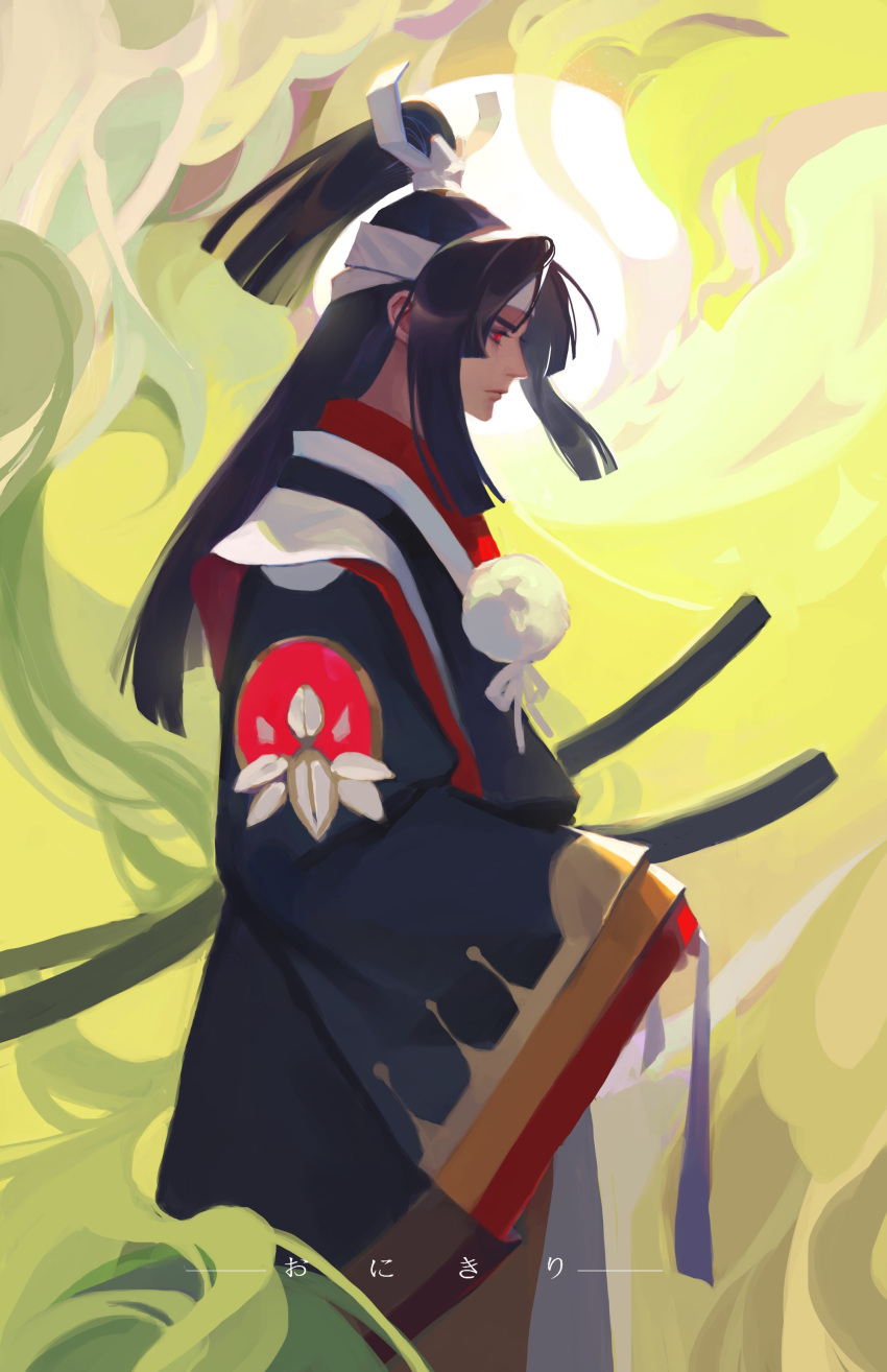 1boy absurdres black_hair blunt_ends cowboy_shot from_side haori_himo headband highres holding japanese_clothes kimono long_hair long_sleeves looking_away male_focus onikiri_(onmyoji) onmyoji pom_pom_(clothes) profile red_eyes samurai sidelocks smoke solo standing sun sword topknot weapon wide_sleeves yellow_background yisiwanxi