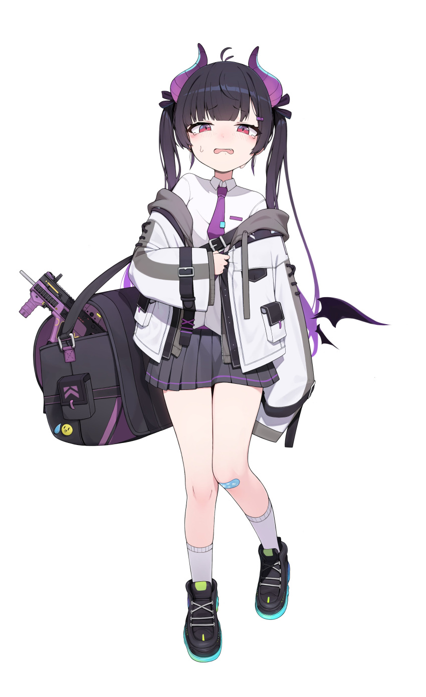 1girl absurdres antenna_hair backpack bag bandaid bandaid_on_knee bandaid_on_leg bangs black_skirt blush breasts collared_shirt crying crying_with_eyes_open detached_wings full_body furrowed_brow gun hair_ornament hairclip high_tops highres horns jacket long_hair long_sleeves looking_at_viewer miniskirt necktie off_shoulder open_mouth original pink_eyes purple_necktie shirt shoes skirt small_breasts sneakers socks solo tearing_up tears tonki twintails weapon white_background white_jacket white_shirt white_socks wings