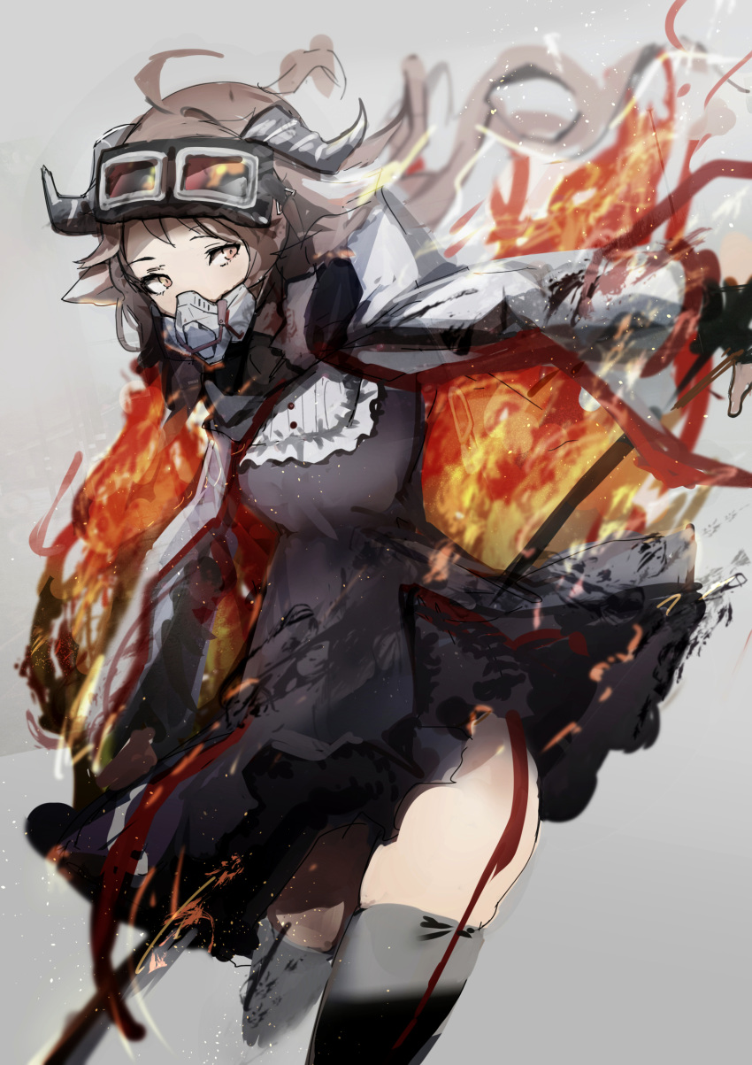 1girl absurdres ahoge animal_ears arknights black_dress breasts brown_eyes brown_hair burnt_clothes cape chuhaibane cowboy_shot cropped_legs dress eyjafjalla_(arknights) fire goggles goggles_on_head grey_background grey_thighhighs highres horns long_hair looking_at_viewer mask respirator sheep_ears sheep_girl sheep_horns simple_background small_breasts solo thigh-highs white_cape