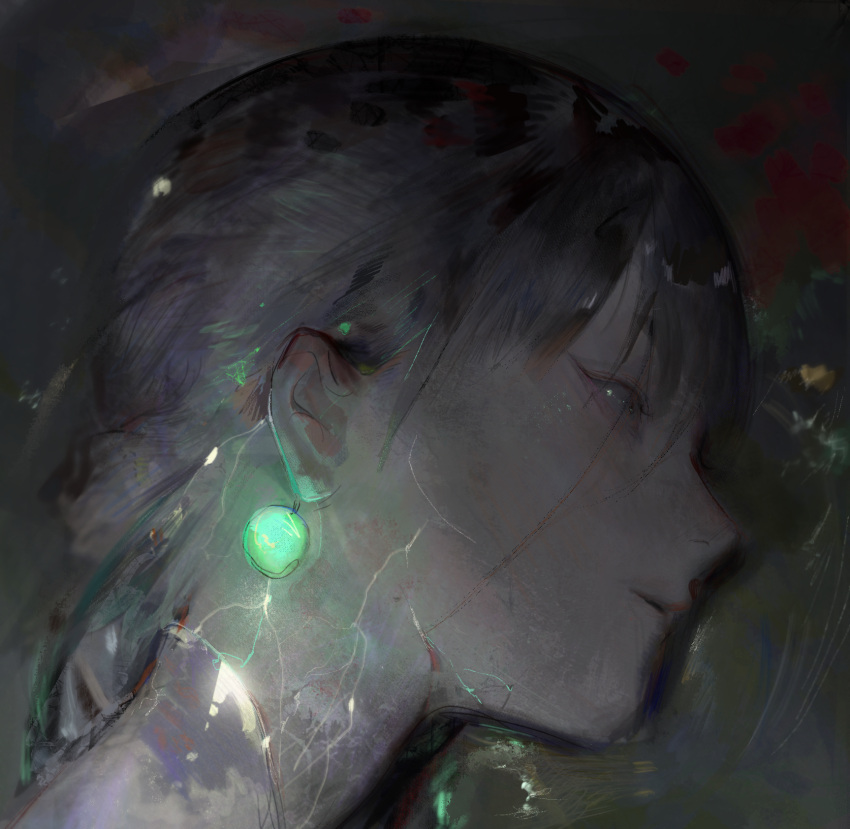 1girl bangs braid braided_ponytail cracked_skin earrings electricity from_side glowing grey_hair highres jewelry looking_away original portrait profile single_braid solo touziniao