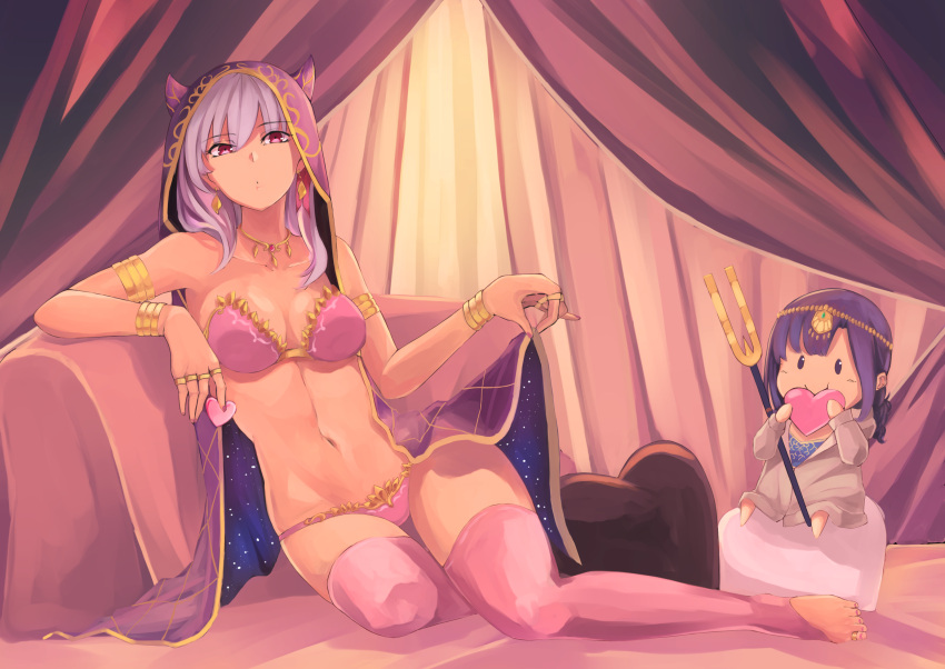 1girl bikini fate_(series) heart jewelry kama_(fate) pink_bikini purple_hair purple_hood red_eyes toe_ring toeless_legwear