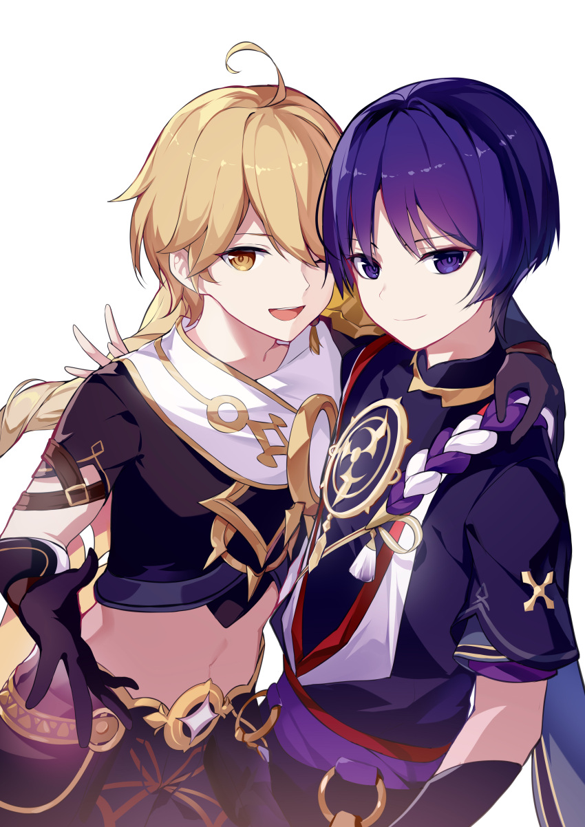2boys ;d absurdres aether_(genshin_impact) ahoge arm_around_shoulder armor bangs black_gloves black_pants black_shirt blonde_hair braid braided_ponytail closed_mouth commentary cropped_shirt earrings floating_hair genshin_impact gloves gold_trim hair_between_eyes highres japanese_armor japanese_clothes jewelry kote kurokote long_hair looking_at_viewer male_focus midriff multiple_boys navel necklace no_hat no_headwear one_eye_closed open_mouth pants parted_bangs purple_hair rope scaramouche_(genshin_impact) scarf shirt short_hair short_sleeves sidelocks single_braid single_earring smile smirk standing stomach tassel teeth upper_teeth violet_eyes wawako_mama white_background white_scarf yellow_eyes