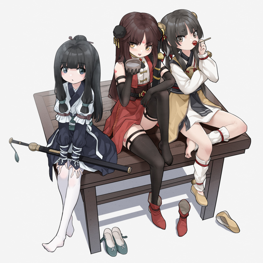 3girls bangs bell black_gloves black_hair black_skirt blush boot_removed boots brown_eyes brown_footwear brown_hair candy closed_mouth elbow_gloves facial_mark food forehead_mark gloves grey_background grey_eyes grey_footwear hair_bell hair_bun hair_ornament hair_ribbon hand_up highres holding holding_candy holding_food holding_lollipop japanese_clothes jingle_bell kimono knee_up layered_sleeves lollipop long_hair long_sleeves looking_at_viewer low_twintails multiple_girls no_shoes original pantyhose parted_bangs puffy_long_sleeves puffy_sleeves red_footwear red_ribbon red_skirt red_vest ribbon sheath sheathed shirt shoe_removed shoes shoes_removed short_eyebrows short_over_long_sleeves short_sleeves sidelocks simple_background single_boot single_shoe sitting skirt sleeveless sleeveless_shirt sleeves_past_wrists thick_eyebrows thigh-highs too-ye twintails v-shaped_eyebrows very_long_hair vest white_kimono white_shirt