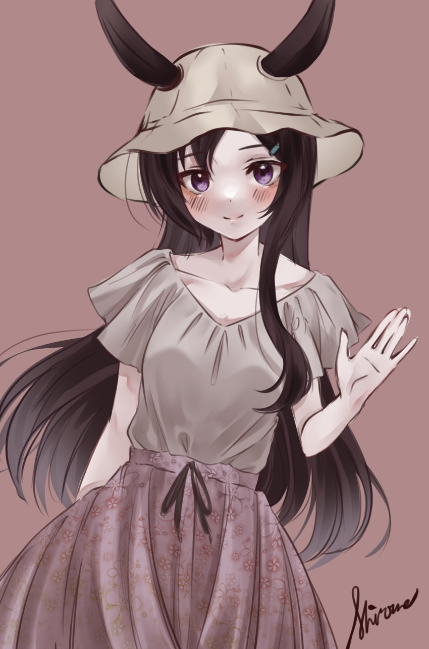 1girl animal_ears black_hair blouse blush brown_headwear ears_through_headwear hair_ornament hairclip hat highres horse_ears horse_girl long_hair looking_at_viewer mejiro_dober_(umamusume) pink_background shirt short_sleeves signature simple_background skirt smile solo umamusume violet_eyes white_eyes_(20220506white)