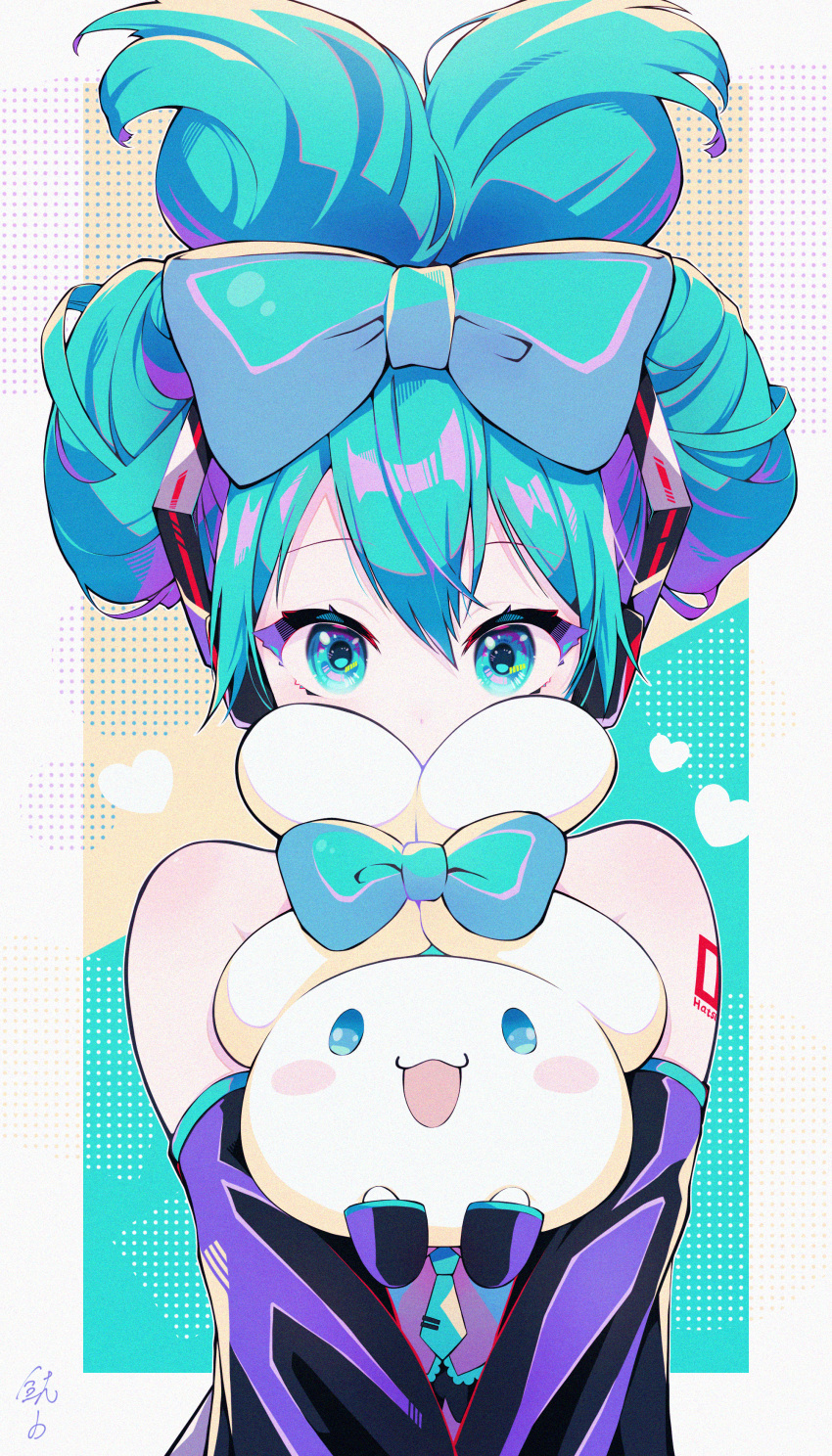1girl :3 :d absurdres aqua_bow aqua_eyes aqua_hair aqua_necktie bangs bare_shoulders black_sleeves blush_stickers body_writing bow cinnamiku cinnamoroll commentary covered_mouth crossover detached_sleeves frilled_shirt frills grey_shirt hair_bow hair_ornament hatsune_miku headset heart highres hug looking_at_another looking_at_viewer looking_up matching_outfit necktie sanrio shachi_mr shirt signature smile tied_ears updo upper_body vocaloid