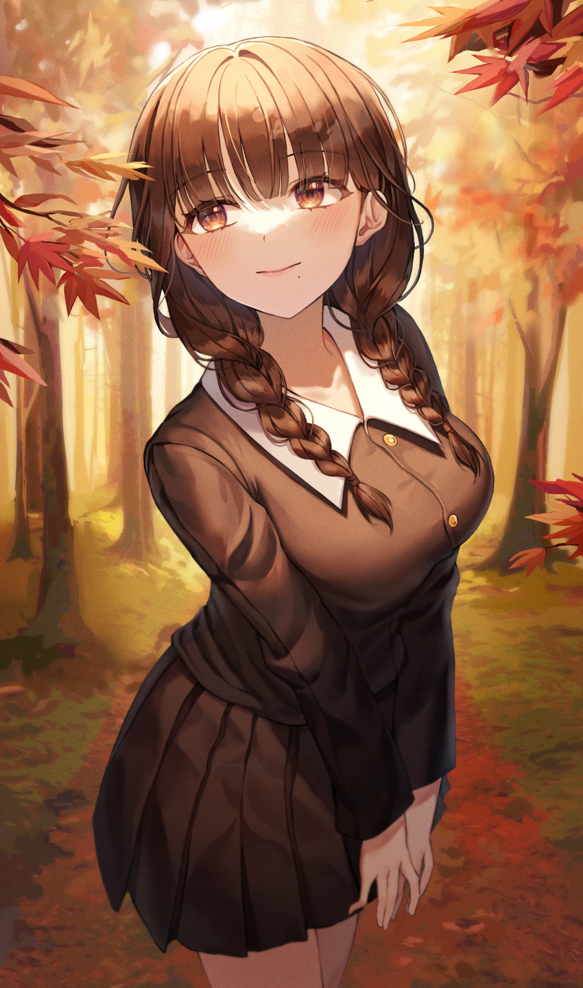 1girl absurdres autumn autumn_leaves bangs black_shirt black_skirt blunt_bangs blush braid branch brown_eyes brown_hair buttons closed_mouth collared_shirt commentary cowboy_shot day english_commentary eyelashes forest grass hair_over_shoulder highres leaf long_hair long_sleeves looking_away looking_up mole mole_under_mouth monjja nature original outdoors path pleated_skirt school_uniform shirt skirt smile solo standing sunlight tree twin_braids wing_collar