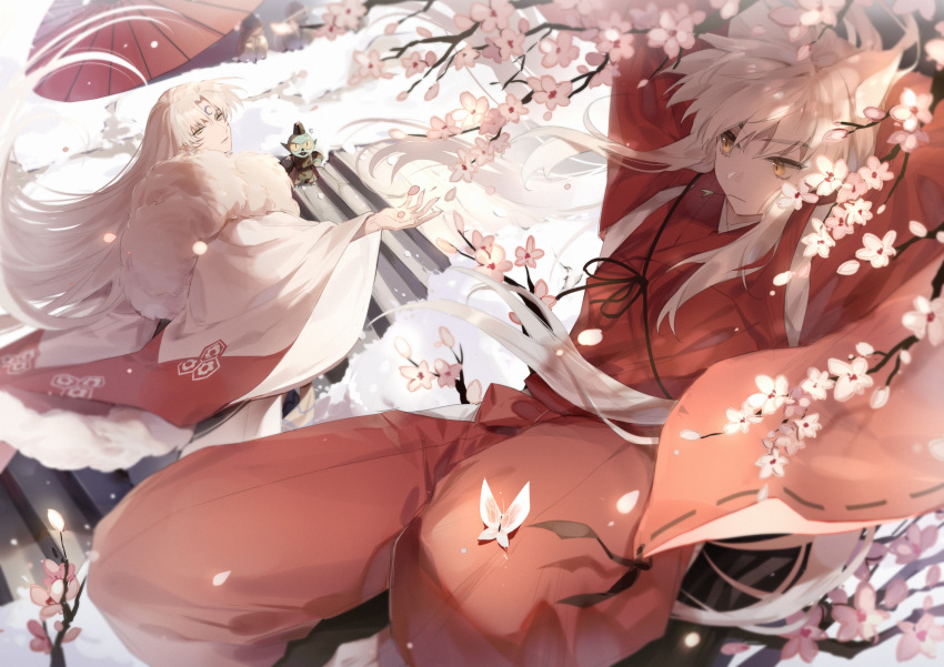 3boys arm_pillow arms_behind_head bangs blue_skin brothers colored_sclera colored_skin crescent crescent_facial_mark day facial_mark falling_petals floating_hair flower forehead_mark frown fur highres in_tree inuyasha inuyasha_(character) jaken japanese_clothes kariginu kimono light_particles long_hair long_sleeves looking_at_another looking_to_the_side looking_up male_focus mouth_hold multiple_boys oil-paper_umbrella on_roof outdoors outstretched_arm petals pink_flower reaching renjian_shilian ribbon-trimmed_sleeves ribbon_trim rooftop sesshoumaru siblings sidelocks sitting sprout standing straight_hair tree umbrella very_long_hair white_hair white_kimono wide_sleeves wind yellow_eyes yellow_sclera youkai