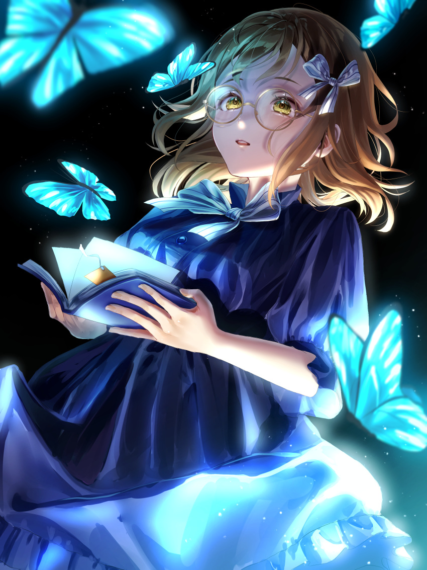 1girl absurdres black_background blue_bow blue_butterfly blue_dress blurry book bookmark bow brown_hair bug butterfly commentary depth_of_field dress english_commentary glowing hair_bow highres holding holding_book kunikida_hanamaru love_live! love_live!_sunshine!! medium_hair mixed-language_commentary open_mouth parted_lips ponpon_rabbit puffy_short_sleeves puffy_sleeves round_eyewear short_sleeves solo yellow_eyes