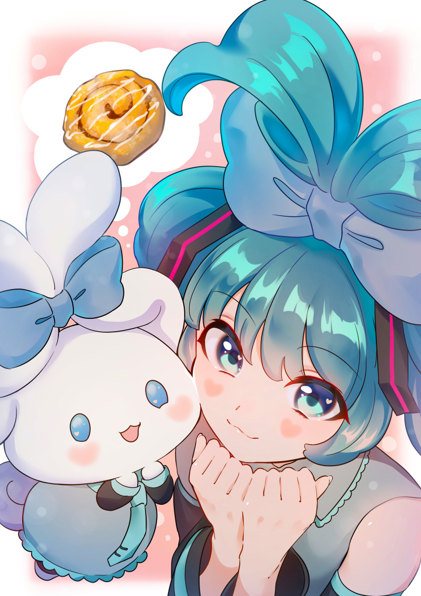 1girl :3 absurdres aqua_bow aqua_eyes aqua_hair aqua_necktie bare_shoulders black_sleeves blue_bow borrowed_hairstyle bow cinnamiku cinnamon_roll cinnamoroll closed_mouth commentary cosplay creature crossover double_bun ear_bow folded_twintails from_above grey_shirt hair_bow hair_bun hair_rings hands_up hatsune_miku hatsune_miku_(cosplay) highres looking_at_viewer matching_outfit necktie rubianeko sanrio shirt smile tie_clip tied_ears updo upper_body vocaloid