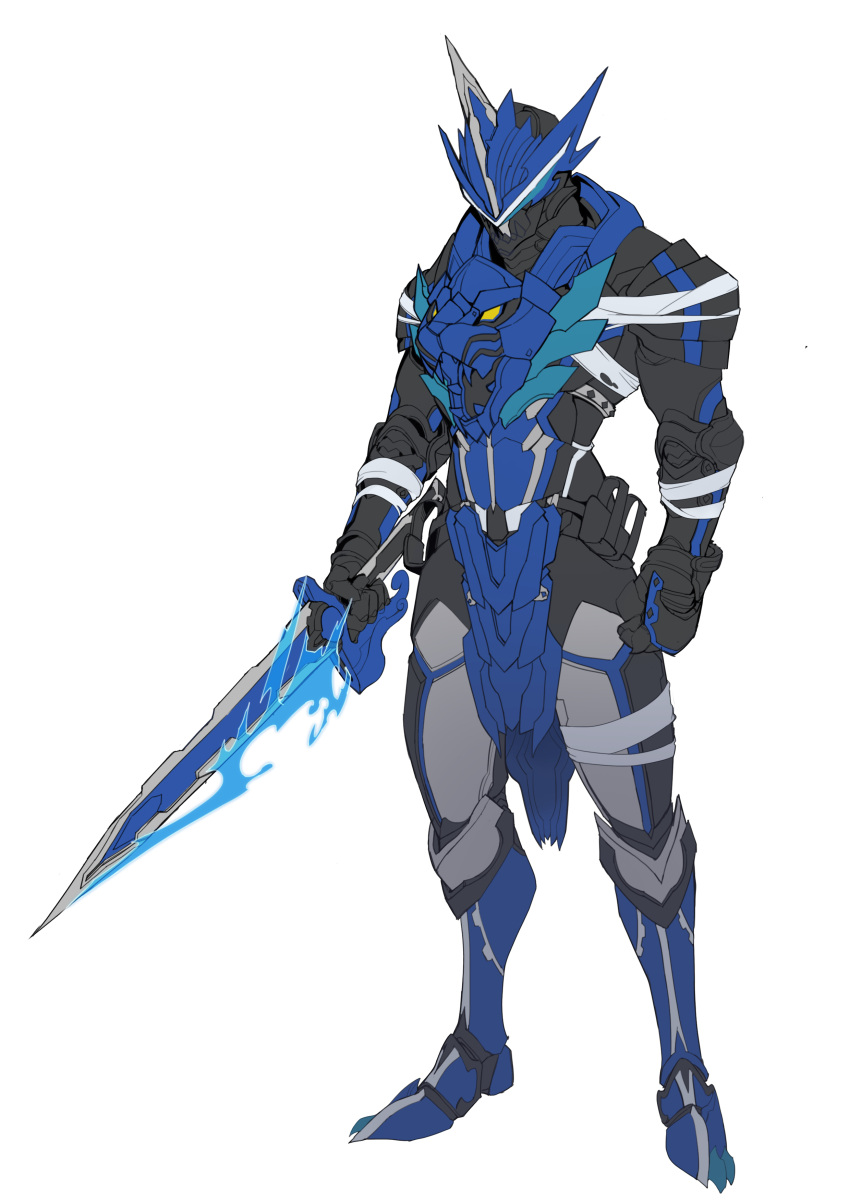 1boy absurdres armor armored_boots black_armor blue_armor blue_footwear bodysuit book boots catball1994 full_body glowing glowing_eyes highres kamen_rider kamen_rider_blades kamen_rider_saber_(series) knight lion lion_senki sheath suiseiken_nagare water