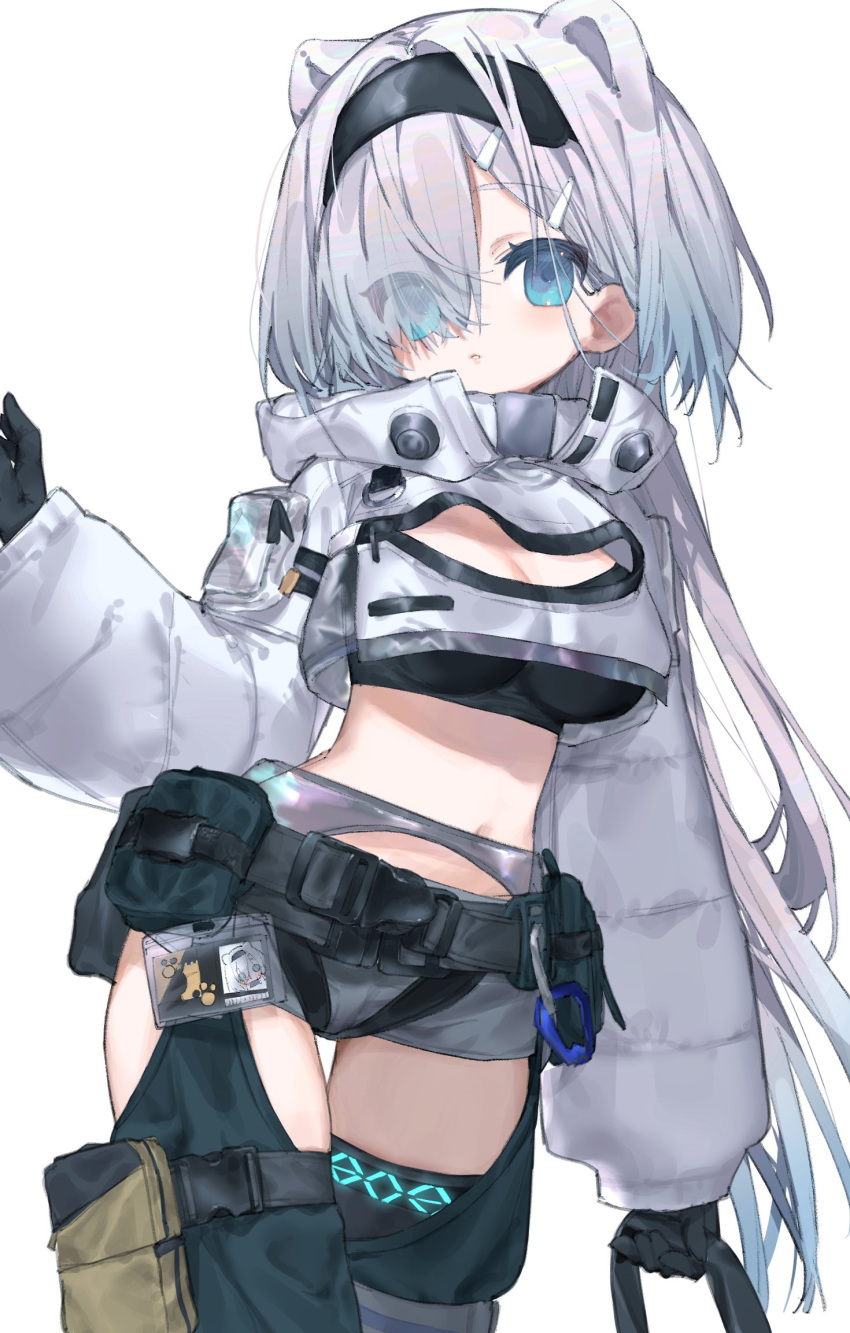 1girl animal_ears arknights arm_pouch aurora_(arknights) belt belt_pouch black_gloves black_hairband black_thighhighs blue_eyes blue_hair gloves glowing glowing_eyes gradient gradient_hair grey_background grey_hair hair_ornament hairband hairclip highres holding hood hood_down id_card long_hair multicolored_hair pouch see-through short_shorts shorts simple_background sleeves_past_wrists sohare solo thigh-highs thigh_pouch thigh_strap very_long_hair