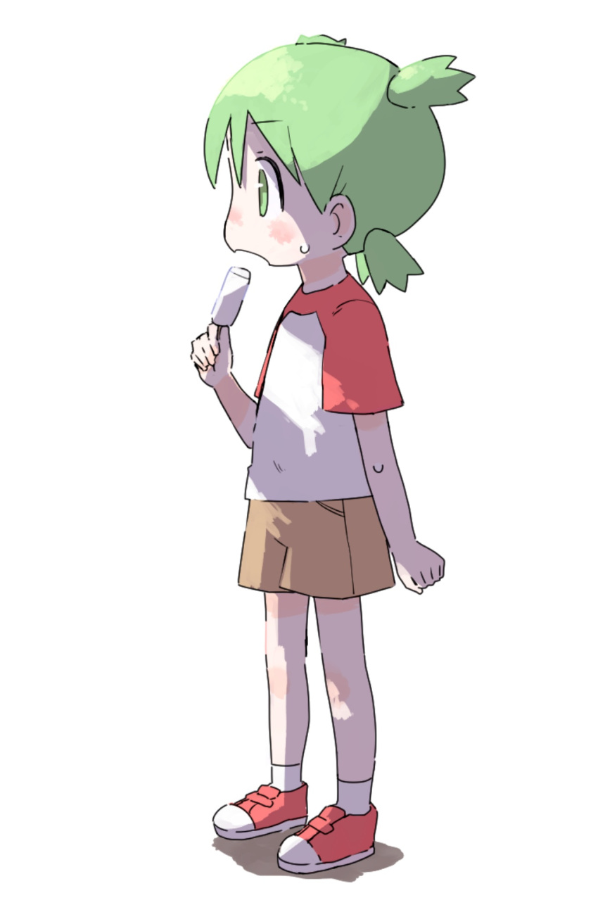 1girl buttergirl_02 child clenched_hand eating female_child food full_body green_eyes green_hair highres holding holding_food koiwai_yotsuba popsicle quad_tails red_footwear short_shorts shorts simple_background solo standing two-tone_shirt white_background yotsubato!