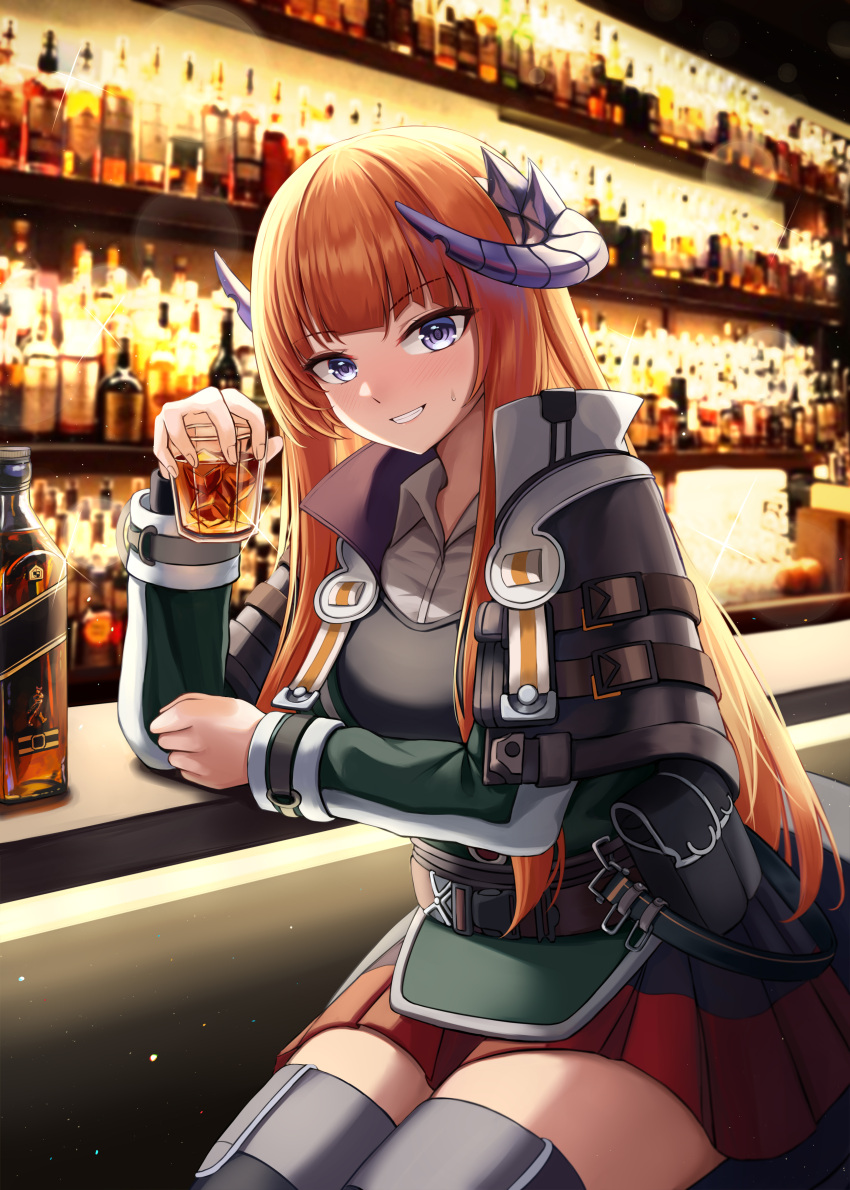 1girl absurdres arknights bagpipe_(arknights) bangs bar belt bottle commentary cup daisy_cutter drinking_glass grin hand_up highres holding holding_cup horns ice ice_cube indoors jacket long_hair long_sleeves looking_at_viewer miniskirt orange_hair pleated_skirt pouch red_skirt sitting skirt smile solo sweat thigh-highs very_long_hair violet_eyes