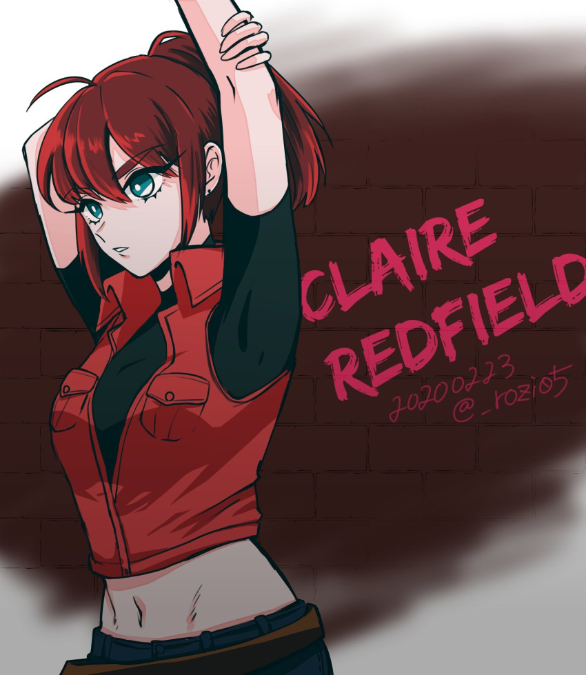 1girl 2020 arm_behind_head arms_up bangs black_shirt character_name claire_redfield dated green_eyes hair_between_eyes highres jacket long_hair midriff navel open_clothes open_jacket parted_lips ponytail red_jacket redhead resident_evil rhodium_(rh) shiny shiny_hair shirt short_sleeves sketch solo standing stomach stretching twitter_username wing_collar