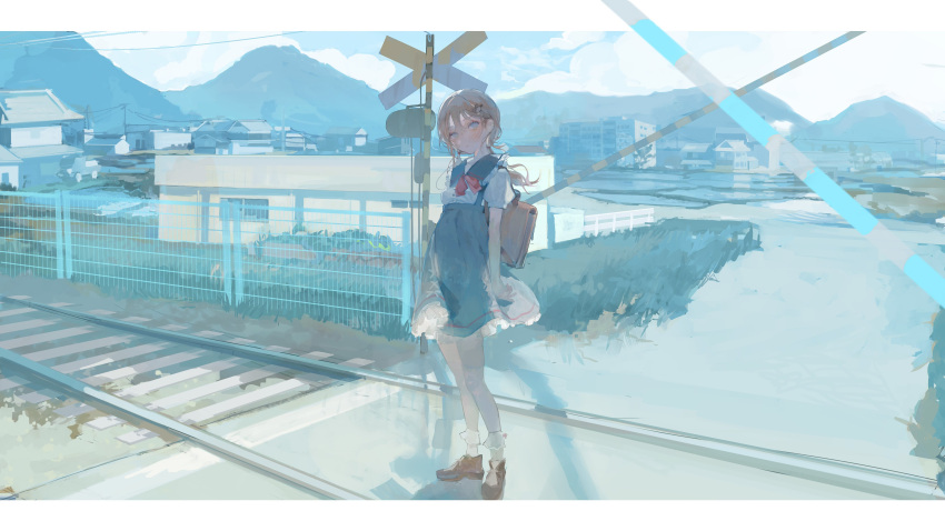 1girl absurdres backpack bag black_footwear blue_eyes blue_skirt blush breasts brown_hair clouds hair_behind_ear high-waist_skirt highres koume_5656 low_twintails mountain railroad_crossing railroad_tracks sakuma_sui shirt skirt sky small_breasts solo twintails vcicle virtual_youtuber white_shirt