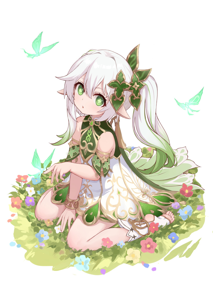 1girl absurdres armlet cape crystalfly_(genshin_impact) detached_sleeves dress female_child flower genshin_impact green_cape green_eyes hair_ornament highres insect_on_finger jinfengkaze multiple_girls nahida_(genshin_impact) pointy_ears short_sleeves side_ponytail simple_background solo symbol-shaped_pupils white_dress white_hair
