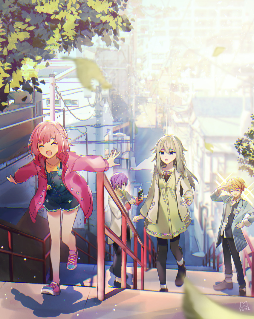 2boys 2girls :d bangs blonde_hair blue_hair blue_jacket blurry blurry_background blurry_foreground cellphone city closed_eyes depth_of_field green_hair green_jacket hand_on_hip highres jacket kamishiro_rui kusanagi_nene layered_clothes leaf long_hair long_sleeves looking_at_viewer multicolored_hair multiple_boys multiple_girls ootori_emu open_mouth outdoors overalls phone pink_hair pink_jacket project_sekai purple_hair running salute shirt shoes short_hair skirt smartphone smile sneakers stairs streaked_hair tenma_tsukasa tree violet_eyes wonderlands_x_showtime_(project_sekai) yellow_shirt yuhi_(hssh_6)