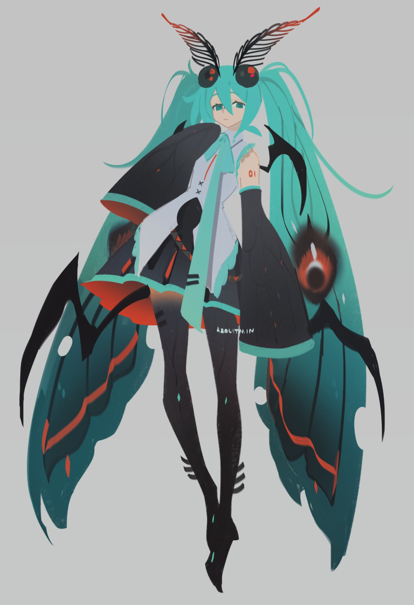 1girl arthropod_girl arthropod_limbs azolitmin bangs black_skirt black_sleeves closed_mouth commentary detached_sleeves english_commentary full_body green_eyes green_hair green_necktie green_ribbon grey_eyes hair_between_eyes hair_wings hatsune_miku highres insect_wings long_hair moth_girl neck_ribbon necktie ribbon simple_background skirt sleeves_past_wrists solo tie_clip vocaloid wings