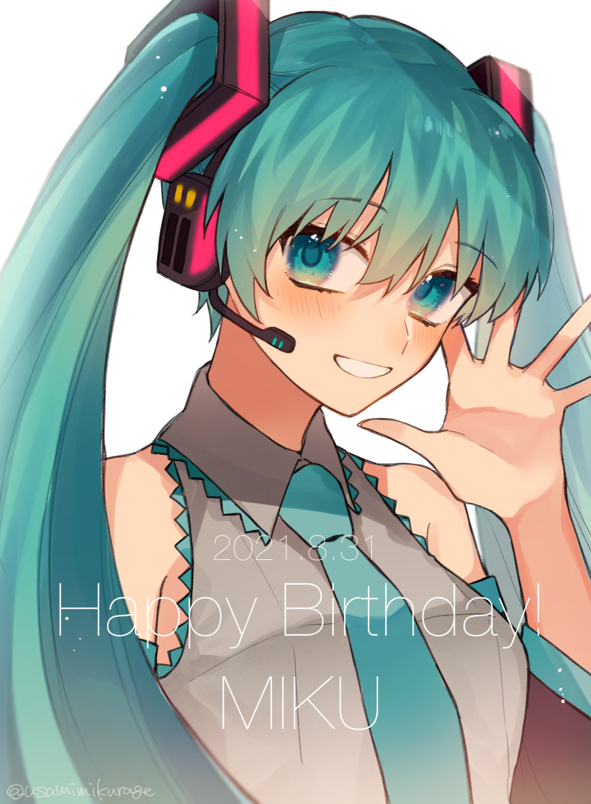 1girl 2021 absurdres bangs black_sleeves blue_eyes blue_hair blue_necktie character_name collared_shirt dated detached_sleeves grey_shirt grin hair_between_eyes hair_ornament happy_birthday hatsune_miku headphones headset highres long_hair long_sleeves looking_at_viewer necktie outstretched_arm shirt sketch sleeveless sleeveless_shirt smile solo twintails twitter_username upper_body usamimikurage very_long_hair vocaloid white_background wing_collar