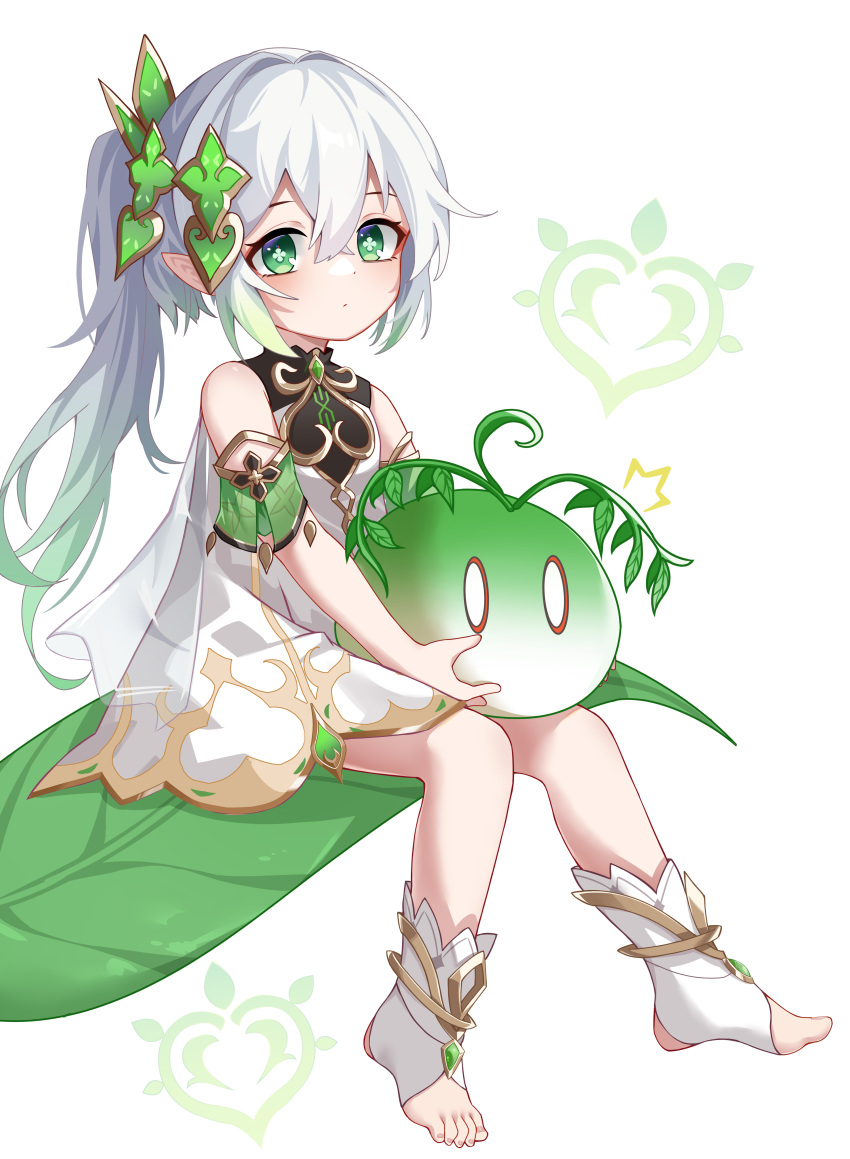 1girl ^^^ absurdres asymmetrical_hair bangs bare_shoulders blush cape closed_mouth commentary_request cross-shaped_pupils crossed_bangs detached_sleeves dress eyelashes feet full_body gem genshin_impact gold_trim gradient_hair green_eyes green_hair green_sleeves hair_between_eyes hair_intakes hair_ornament highres holding leaf long_hair looking_at_viewer multicolored_hair mxr nahida_(genshin_impact) pointy_ears ponytail short_sleeves side_ponytail sidelocks sitting sleeveless sleeveless_dress slime_(genshin_impact) slime_(substance) socks solo stirrup_legwear tareme toeless_legwear toes white_background white_dress white_hair