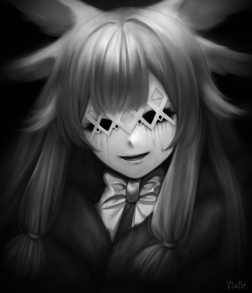 1girl black_background bow bowtie coat columbina_(genshin_impact) dried_blood fur_coat fur_collar genshin_impact greyscale hair_tie highres looking_at_viewer mask mask_on_head masquerade_mask monochrome no_eyes smile solo teeth vialle watermark wings