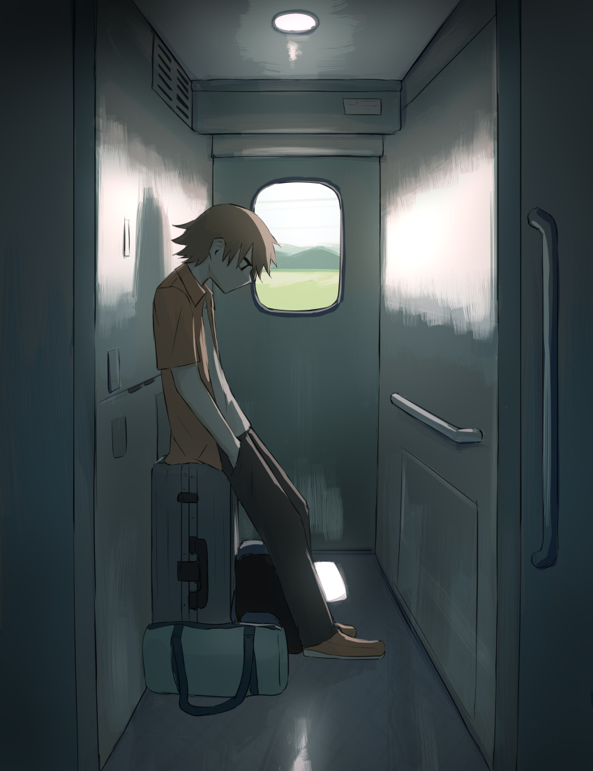 1boy absurdres avogado6 bag brown_hair brown_shirt commentary_request from_side hand_in_pocket highres looking_down luggage male_focus open_clothes open_shirt original pants shirt short_hair short_sleeves sitting sitting_on_object solo suitcase train_interior white_shirt