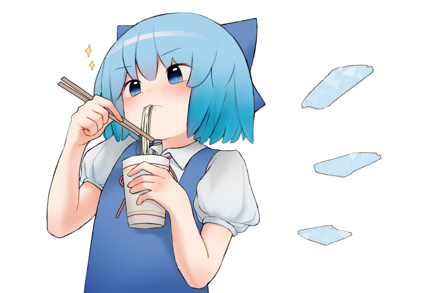 1girl blue_dress blue_eyes blue_hair blush cirno commentary dress eating english_commentary food highres ice ice_wings kpe934k0s282b2 noodles puffy_short_sleeves puffy_sleeves ramen short_hair short_sleeves simple_background solo sparkle touhou white_background wings