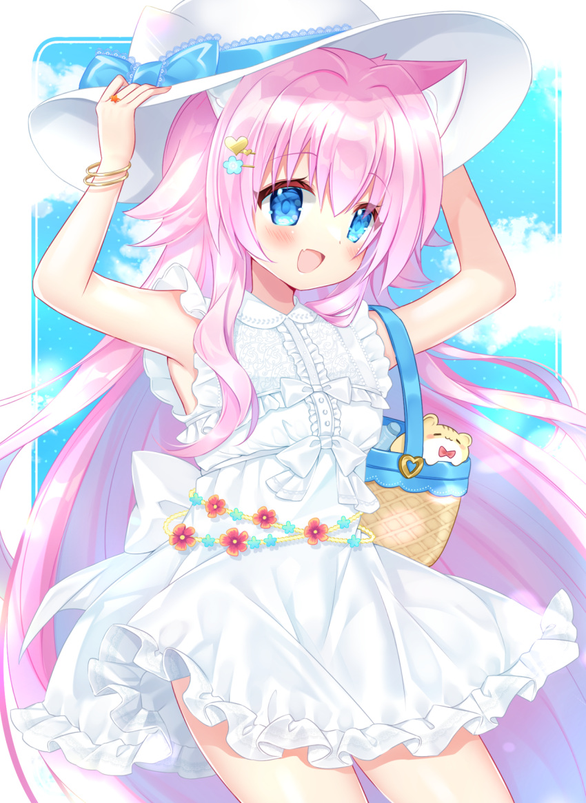 1girl :d animal animal_ear_fluff animal_ears animal_hat bangle bangs basket blue_bow blue_eyes blue_flower blue_sky blush bow bracelet cat_ears clouds commentary_request commission day dress fake_animal_ears fang flower frilled_dress frills hair_between_eyes hair_flower hair_ornament hairclip hat hat_bow heart heart_hair_ornament highres jewelry looking_away original shikito skeb_commission sky sleeveless sleeveless_dress smile solo white_bow white_dress white_headwear
