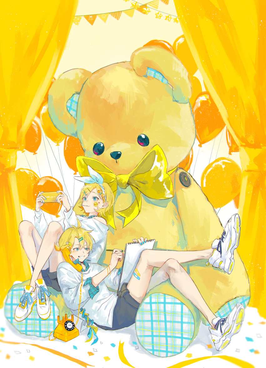 1boy 1girl absurdres balloon bandaid bandaid_on_leg black_shorts blonde_hair blue_eyes bow bow_hairband bunting candy cradling_phone curtains food grin hair_between_eyes hair_ornament hairband hairpin highres kagamine_len kagamine_rin knee_up knees_up leg_up lollipop matching_outfit medium_hair off_shoulder oversized_object pd_ta1 shirt shoes short_ponytail shorts smile sneakers string_of_flags stuffed_animal stuffed_toy teddy_bear vocaloid white_bow white_shirt yellow_bow