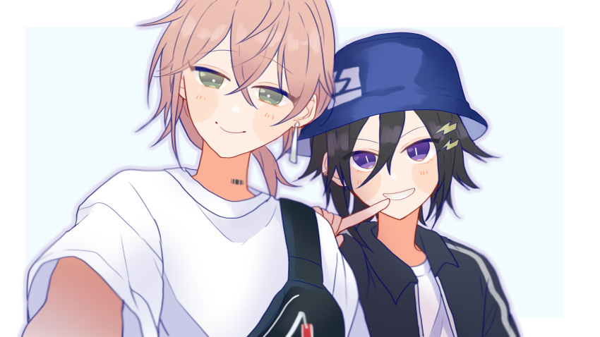 2boys absurdres bangs barcode barcode_tattoo black_hair black_jacket blue_background blue_headwear blush_stickers bucket_hat collared_jacket crossed_bangs earrings fanny_pack finger_to_mouth green_eyes grin hair_between_eyes hair_ornament hairclip hat head_tilt highres holostars jacket jewelry kanade_izuru lightning_bolt_hair_ornament lightning_bolt_symbol looking_at_viewer low_ponytail male_focus multiple_boys neck_tattoo official_alternate_costume open_clothes open_jacket outside_border outstretched_arm pink_hair rikka_(holostars) selfie shirt short_hair short_ponytail simple_background single_earring smile t-shirt tattoo upper_body violet_eyes virtual_youtuber white_shirt yonyo_(kskr0711)