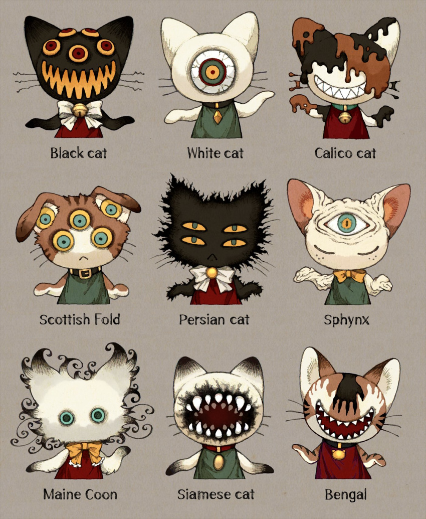 animal animal_ears black_cat calico cat cat_ears claws commentary creature demon extra_eyes fangs highres kaijuu looking_at_viewer maniani monster no_humans original sharp_teeth smile teeth whiskers white_cat