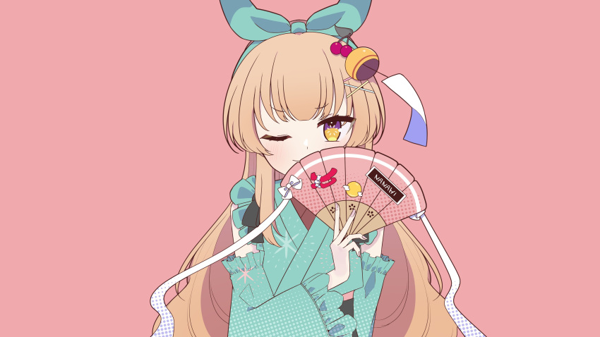 ;) absurdres bangs blunt_bangs bow character_name detached_sleeves green_bow hachipuyo hair_bow hair_ornament hairpin hand_fan highres holding holding_fan indie_virtual_youtuber japanese_clothes light_brown_hair long_hair nanahira one_eye_closed pink_background ribbon smile white_ribbon wind_chime yellow_eyes