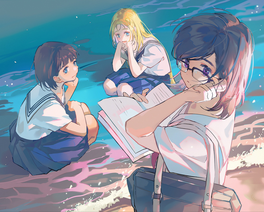 3girls adjusting_eyewear bag beach black-framed_eyewear black_hair blonde_hair blue_eyes blue_skirt book chinese_commentary closed_mouth commentary_request day glasses head_rest highres holding holding_book kofune_mio kofune_ushio long_hair looking_at_viewer medium_hair minakata_hizuru multiple_girls open_mouth outdoors over-rim_eyewear pleated_skirt sailor_collar school_uniform semi-rimless_eyewear serafuku shirt short_sleeves siblings sisters skirt smile squatting standing summertime_render teenage violet_eyes water white_shirt younger yuxia_xianyin