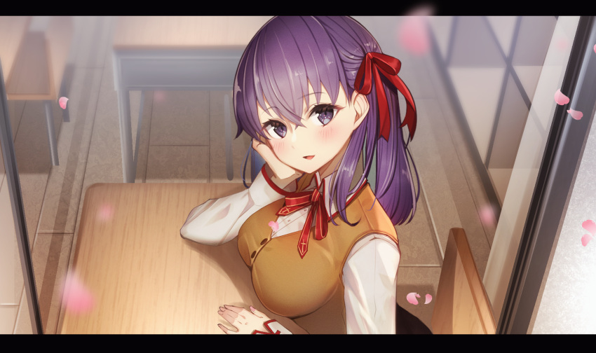 1girl arm_rest breasts brown_vest chair classroom collared_shirt cross_print desk fate/stay_night fate_(series) hair_ribbon hand_on_own_cheek hand_on_own_face highres homurahara_academy_school_uniform indoors large_breasts long_hair matou_sakura neck_ribbon onigirisss purple_hair red_ribbon ribbon school_chair school_desk school_uniform shirt solo vest violet_eyes white_shirt window