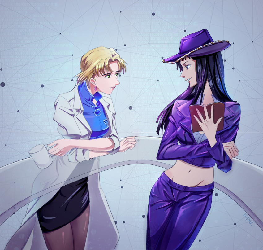 2girls akagi_ritsuko bangs black_hair blonde_hair blue_eyes book coffee_mug cowboy_hat crossover cup earrings green_eyes hat highres jacket jewelry kuyau labcoat long_hair looking_at_another midriff mug multiple_girls neon_genesis_evangelion nico_robin one_piece pantyhose purple_jacket short_hair simple_background skirt