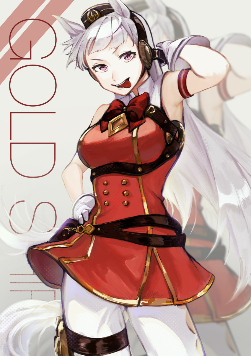 1girl :p absurdres animal_ears armpits bangs bare_shoulders blunt_bangs bow bowtie character_name gloves gold_ship_(umamusume) hand_on_hip hendin highres horse_ears horse_girl long_hair looking_at_viewer open_mouth pants purple_hair red_bow red_bowtie red_shirt shirt solo tongue tongue_out umamusume violet_eyes white_gloves white_pants
